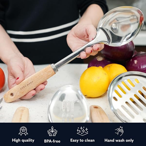 Home Hero Stainless Steel Kitchen Utensils Set - Nonstick Cooking Utensils Set - Heat Resistant Kitchen Essentials & Metal Kitchen Gadgets (10 pcs - Wood and Stainless Steel) - 5