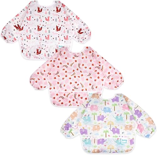 Juego de 3 baberos de manga larga Baberos impermeables para bebés con bolsillo para niños con mangas de 6 a 24 meses