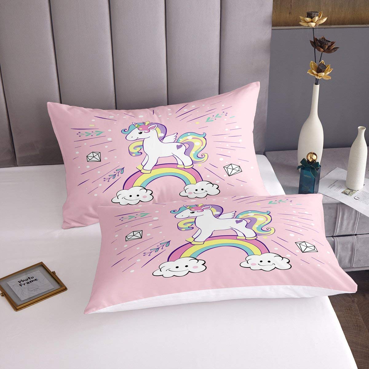 Set di biancheria da letto con unicorno, per bambini, ragazzi, ragazzi, nube di arcobaleno, rosa, con angoli, motivo unicorno, collezione 2 pezzi per letto singolo