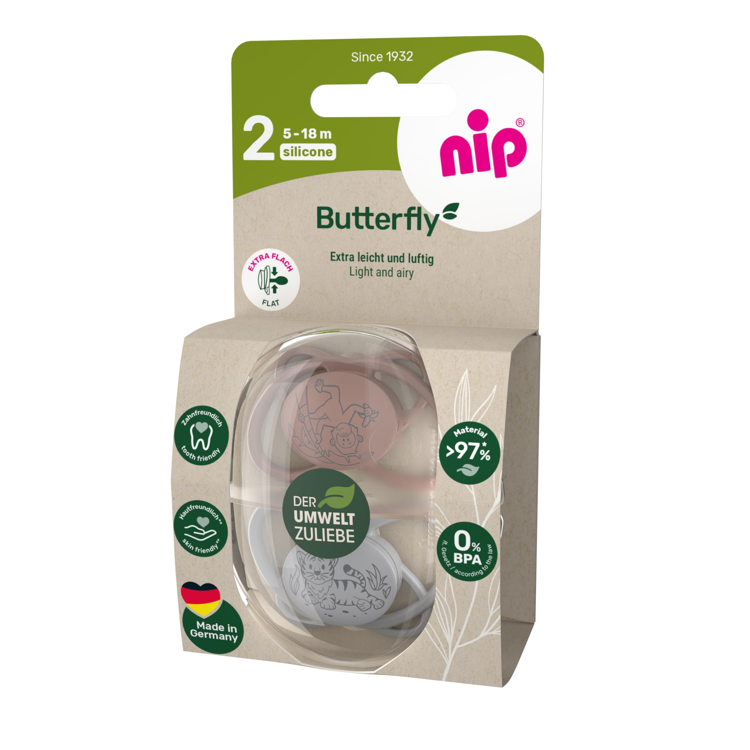 nip - Butterfly | 5-18 miesięcy | 2 sztuki | przyjazny dla żuchwy, przyjazny dla żuchwy, smoczek z pudełkiem na smoczek, zrównoważony smoczek z miękkim silikonowym przyssawką, brązowy/szary