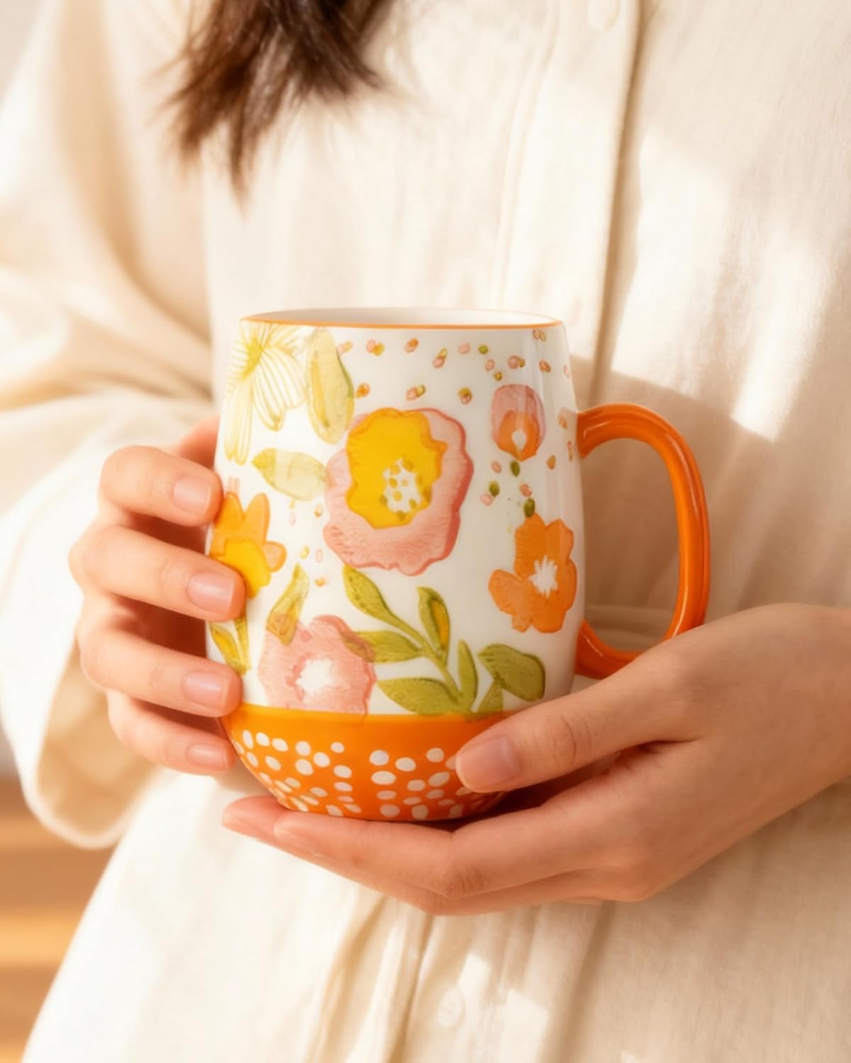 Large 24oz Ceramic Coffee Mug with Handle for Coffee or Tea, Hand-Painted Floral Pottery Mug for Women, Durable Microwave & Dishwasher Safe, Christmas Gift for Family, Holiday & Fall Decor