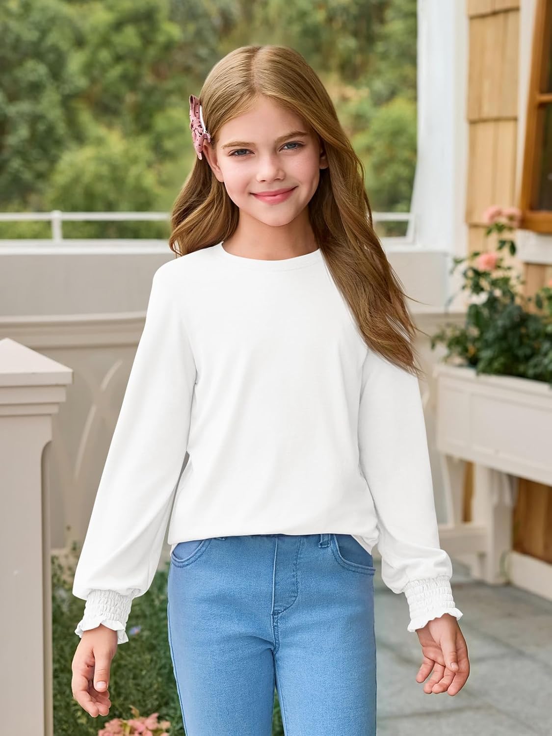 Haloumoning Girls Long Sleeve T Shirts Kids Fall Crewneck Tops Casual Smocked Cuffs Tees 5-14 Years - Image 2