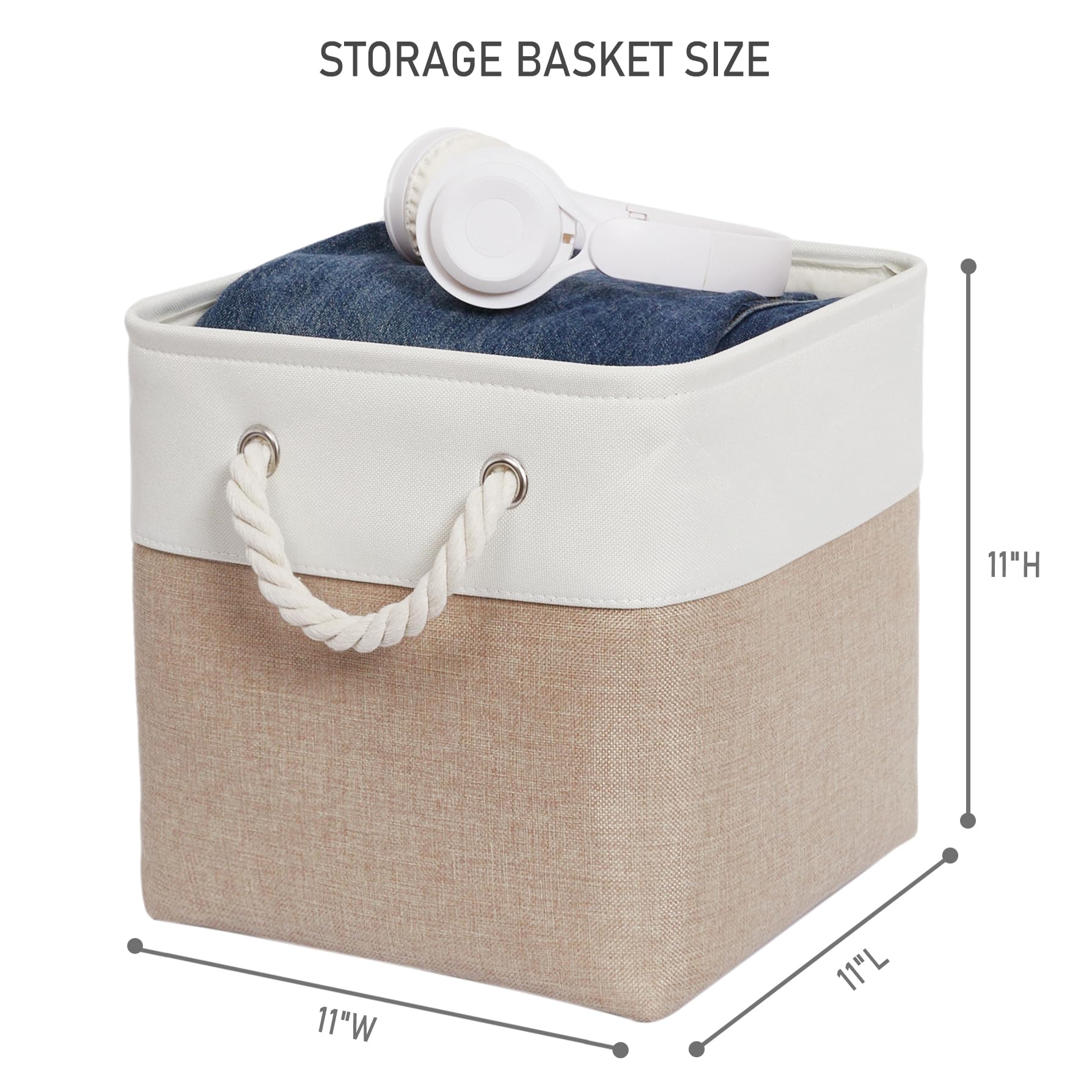 Confezione da 6 cubi portaoggetti pieghevoli da 28 x 28 cm, in tessuto con corde, cubi portaoggetti pieghevoli per casa, ufficio, armadio, vestiti, giocattoli (bianco e beige)