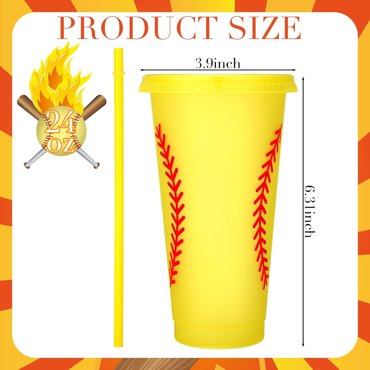 Domensi 12 Pcs Yellow Softball Sport Ball Plastic Tumbler with Lid and Straw 24oz Reusable Plastic Cups Gifts for Fan Friend Birthday Sport Party Gifts Supplies