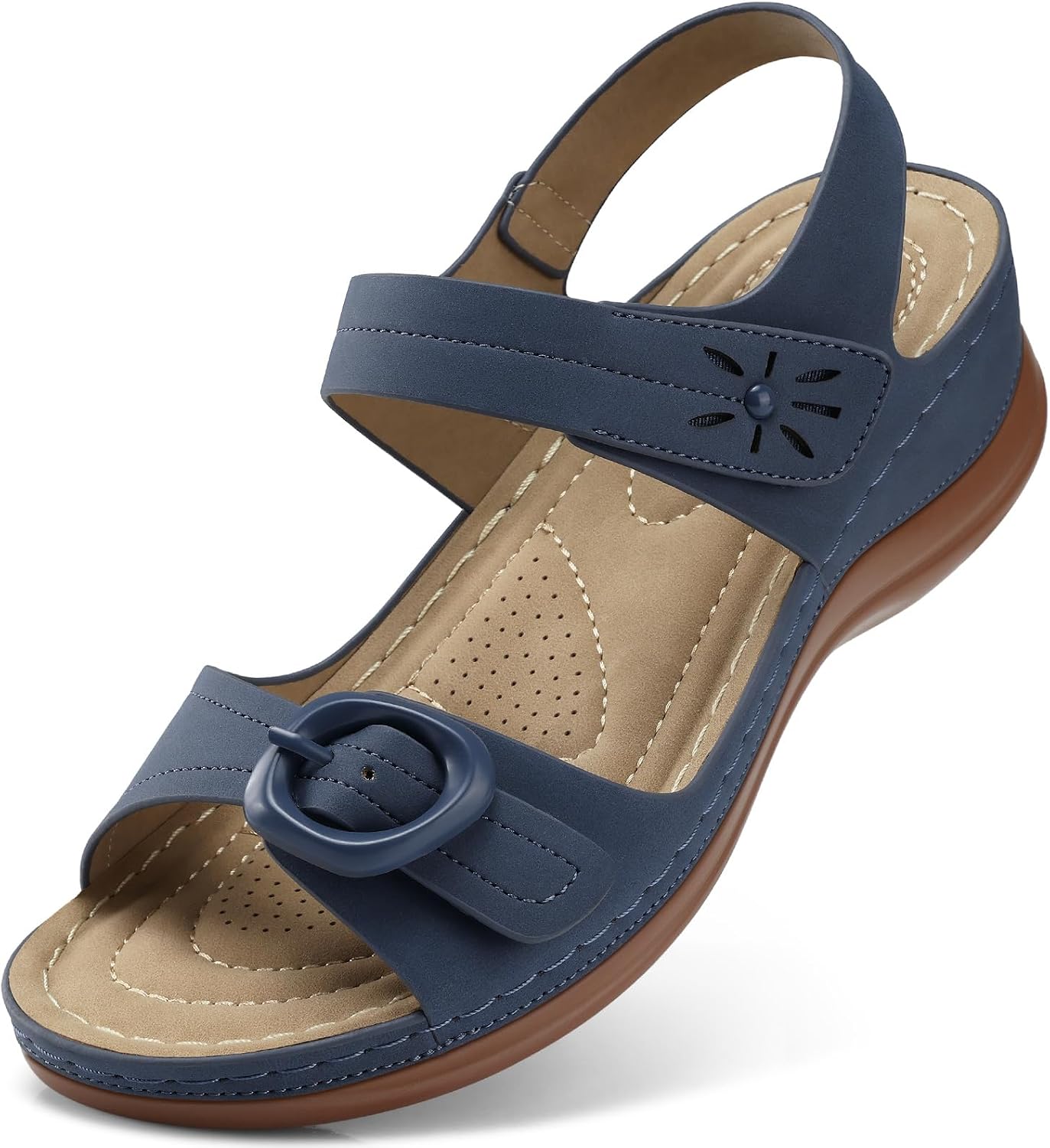 SHIBEVER Womens Wedge Sandals Comfortable: Buckle Ankle Strap Low Wedge Sandals Dressy Breathable Memory Foam Insole Casual Walking Summer Shoes