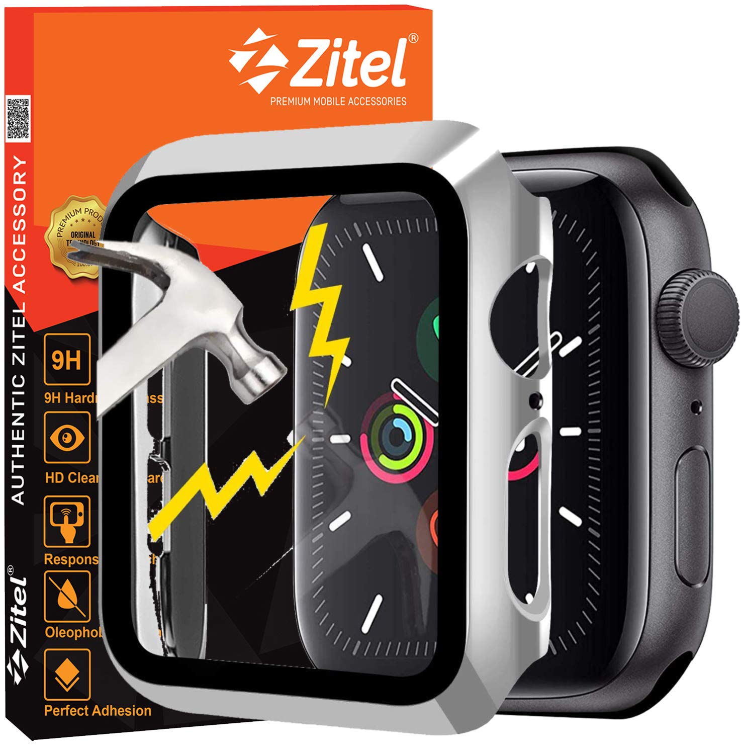 Zitel Case with Screen Protector Compatible with Apple Watch 44mm SE3/SE2/SE, Series 6/5/4, Hard PC Cover with Built-in 9H Tempered Glass (44mm, Silver)