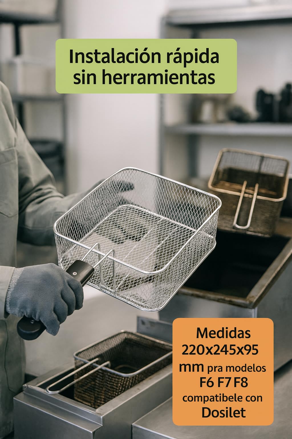 Cesta Freidora 220x245x95 mm Acero Inoxidable Modelo F6 F7 F8 Compatible con Dosilet Recambio Profesional para Freidoras Industriales De Cocina Y Taller Hogar Uso Carga Fuerte