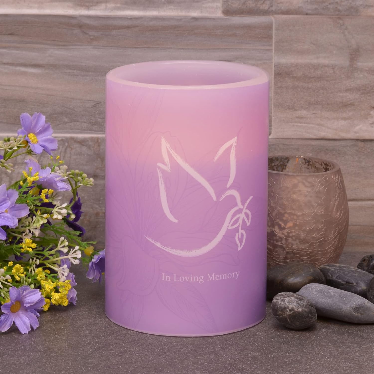 Mark Feldstein & Associates in Memoriam Quote Dove of Peace Flameless LED Remembrance Candle Pillar, 4 x 6 Inch