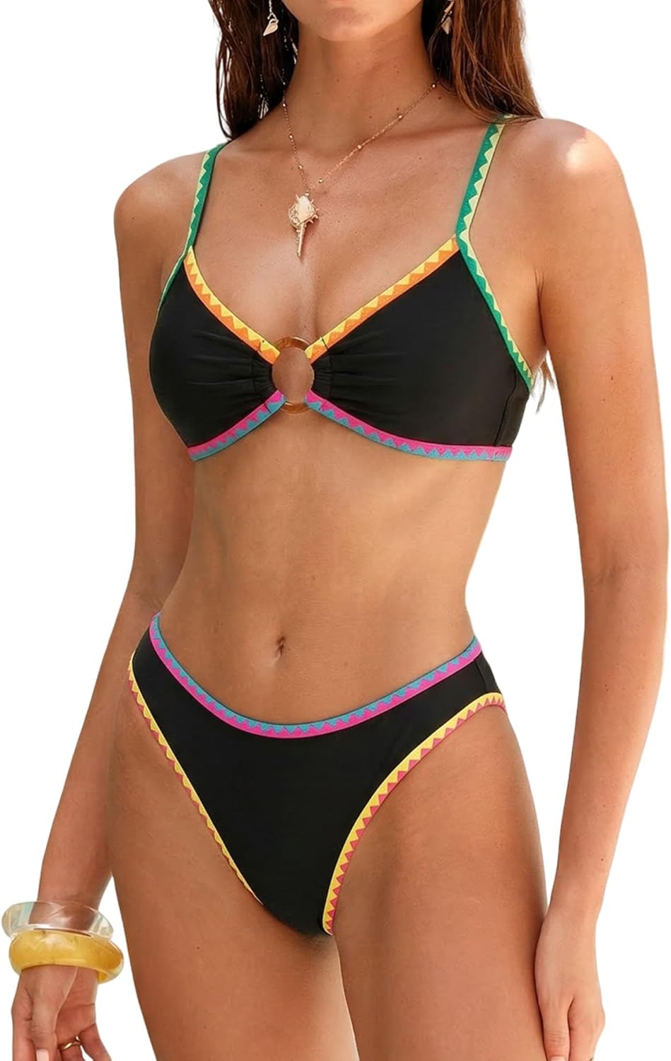 ZAFUL O Ring Bikini Sets for Women Lace Up Swimsuits High Cut Swimwear Contrast Stripe 2 Piece Bathing Suits