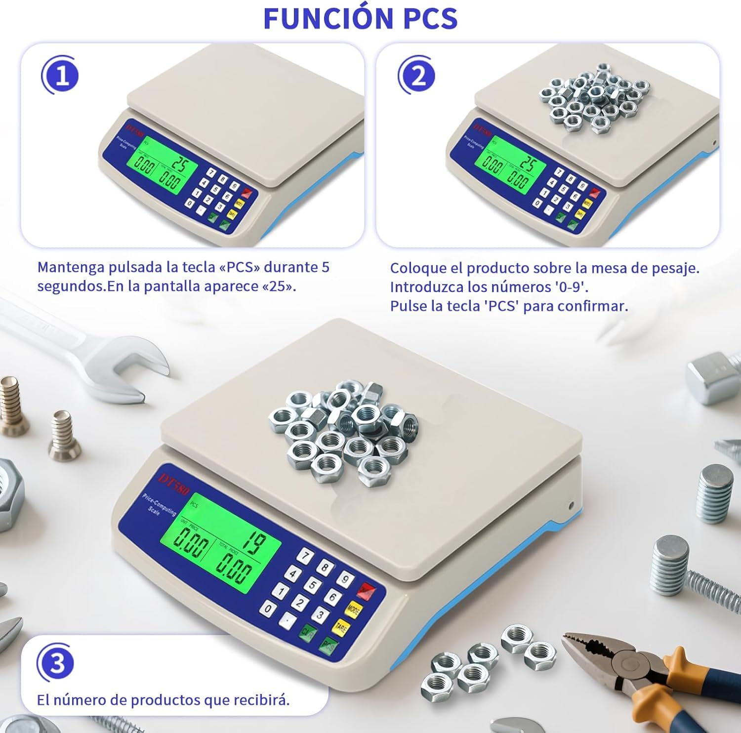 Bascula balanza Comercial para Pesar Fruta, verdura Peso 30kg Suma 2 en 1 bateria y corriente 220V inalambrica pantalla delantera LCD con PCS 5 Unidades G KG OZ LB ML Función Tara
