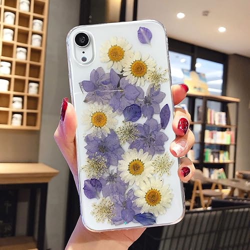 Miniatura 2 de Abbery Funda diseñada para iPhone XR, transparente y con diseño bonito de poliuretano termoplástico suave y flexible de goma prensada, flores reales