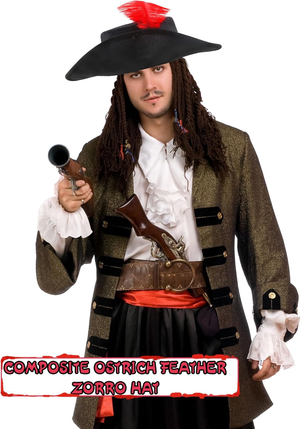 2 Pack Black Pirate Hat with Feather Pirate Costume Hat Flat Top Fedora Hat for Men Women Halloween Cosplay Party Costume Accessories