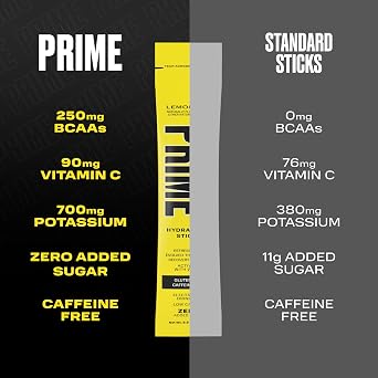 PRIME HYDRATION + العصي عصير الليمون | مسحوق الترطيب أعواد الخدمة المفردة | مسحوق المنحل بالكهرباء أثناء التنقل | 250 مجم BCAAs ، B فيتامينات ، مضادات الأكسدة | سكر منخفض | خالي من الكافيين | نباتي <TAG