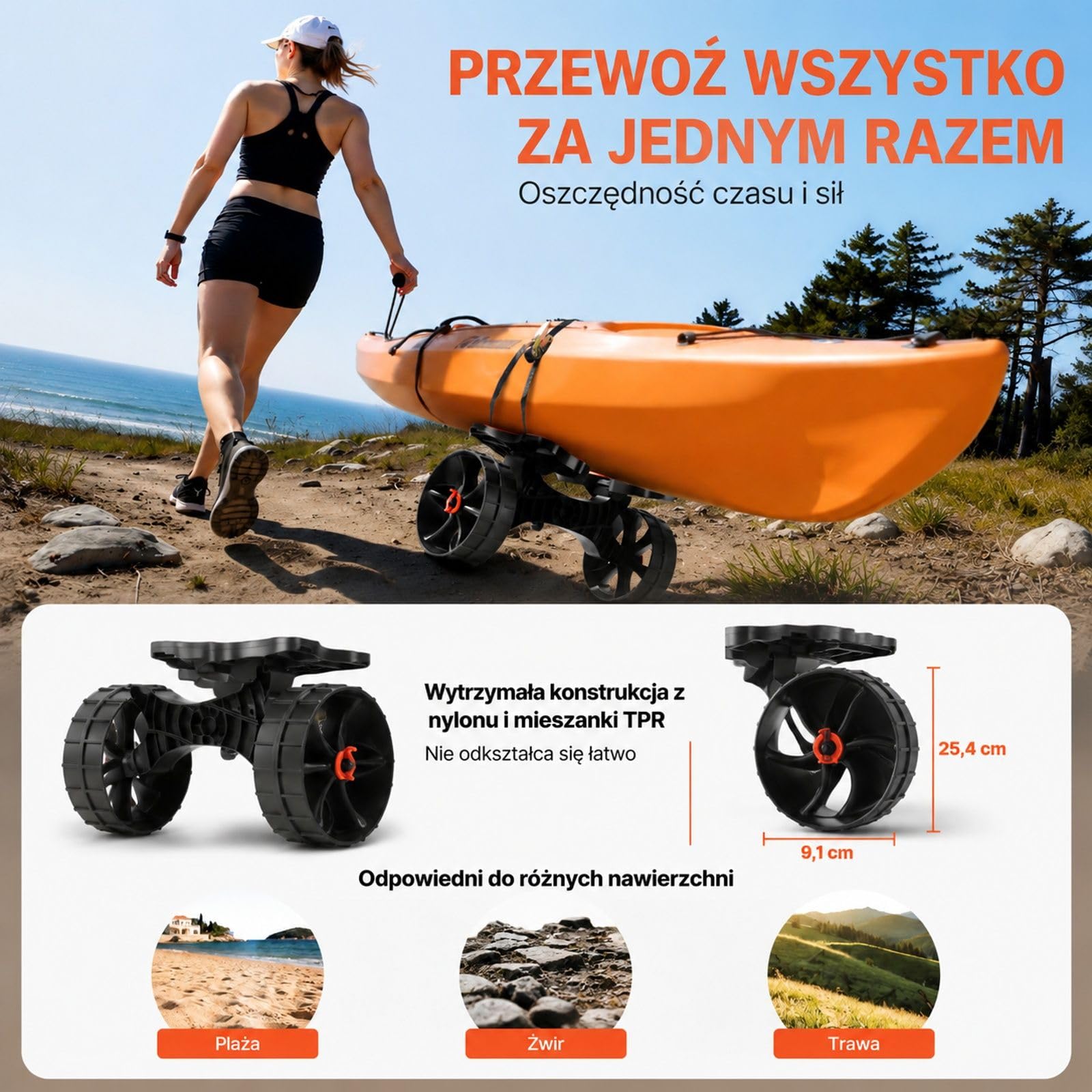 Składany wózek do kajaka z ramą nylon TPR, kołami z pełnej gumy i paskiem zapadkowym do kajaków, kanadyjek i desek paddleboard