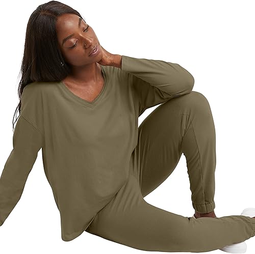 Miniatura 5 de Hanes Camiseta de manga larga con cuello en V para mujer, camisetas de algodón para mujer, con borde sin rematar, cuello en V