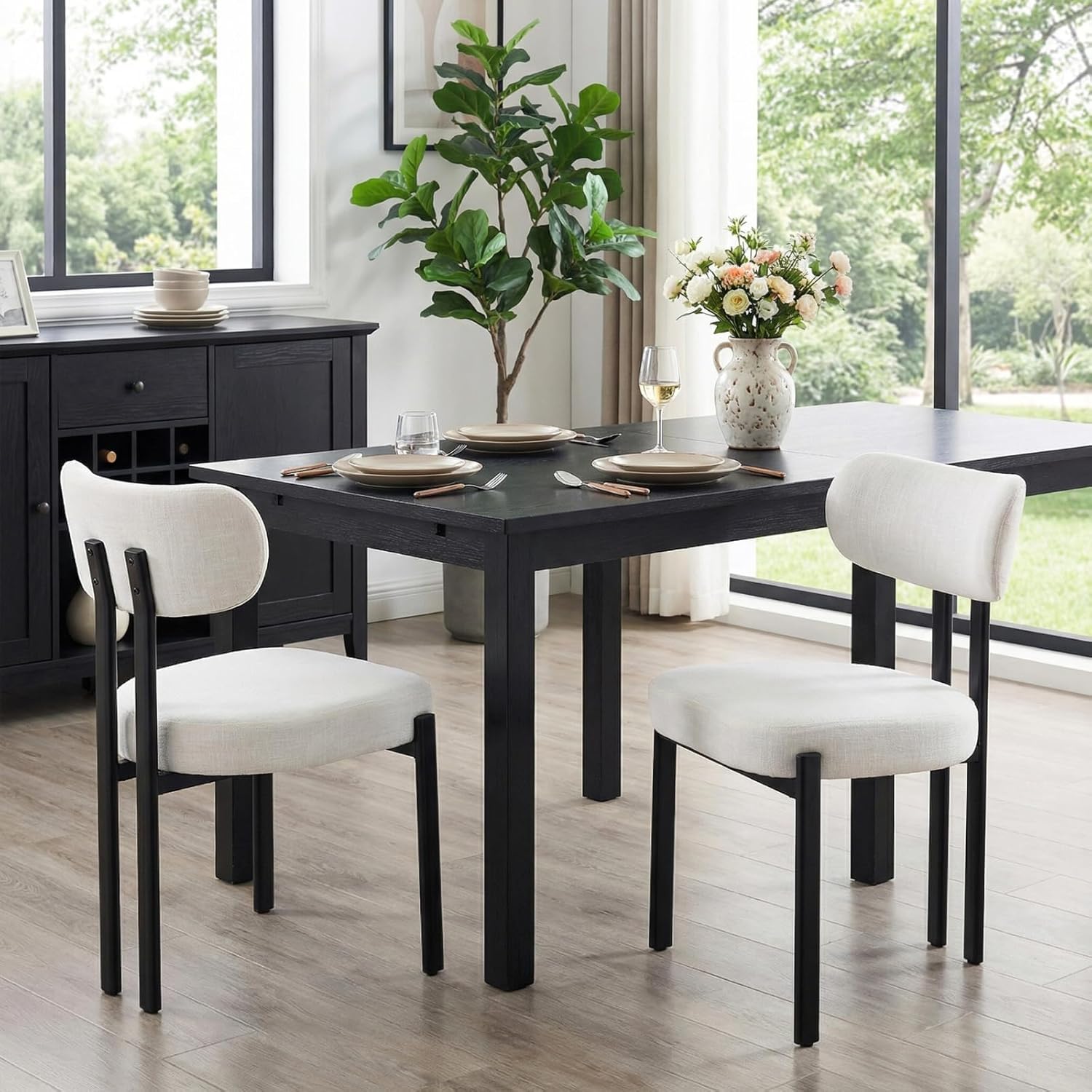 Ya-Home Modern Dining Chairs Set of 2, Linen Upholstered Dining Room Chairs with Curved Back Black Metal Legs, Armless Kitchen Side Chairs Guest Chairs for Restaurant/Home Kitchen, Beige
