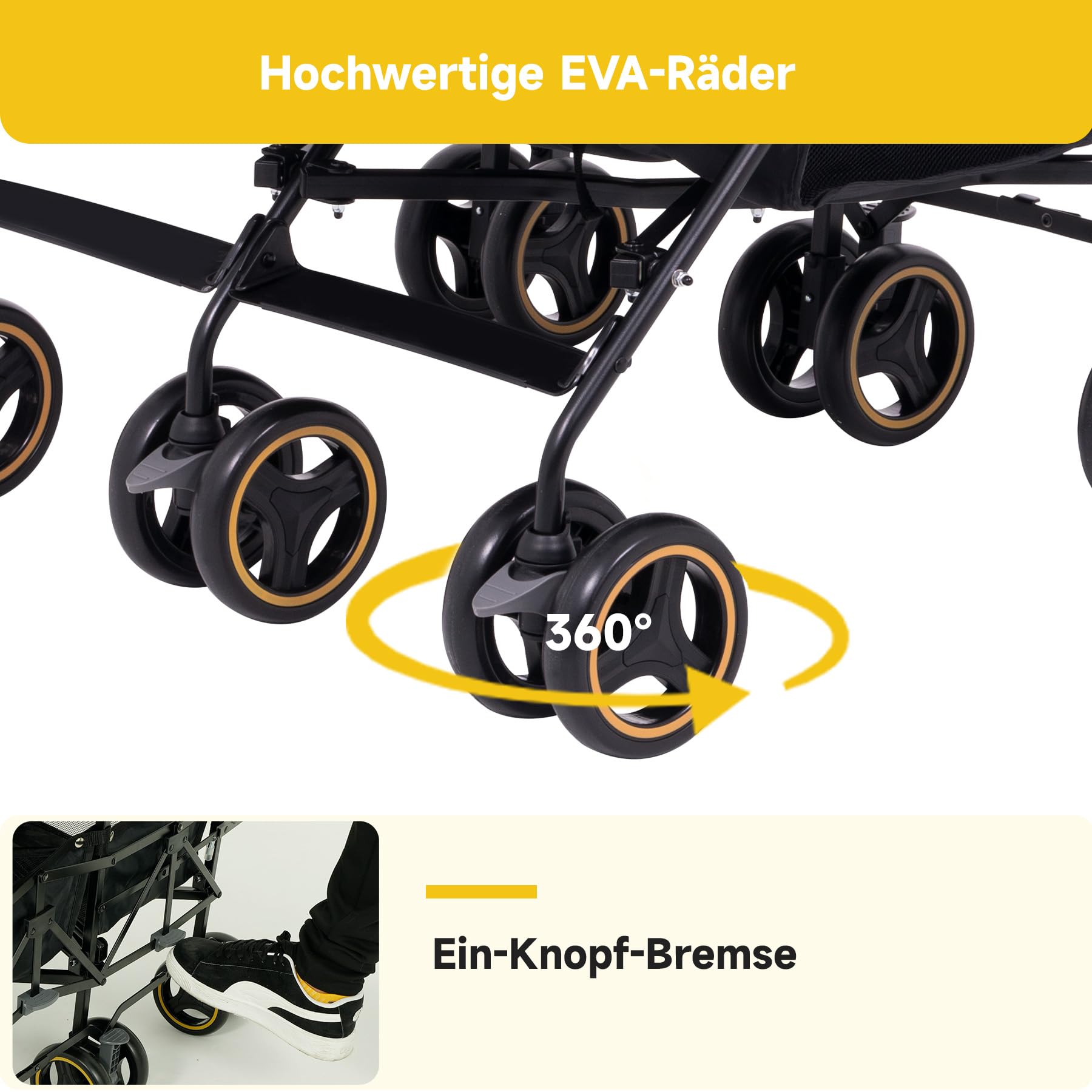 Jovikids Geschwisterwagen, Zwillingskinderwagen mit Liegefunktion, Klappbar Reisebuggy Inkl. Sonnenverdeck, Regenverdeck und Getränkehalter
