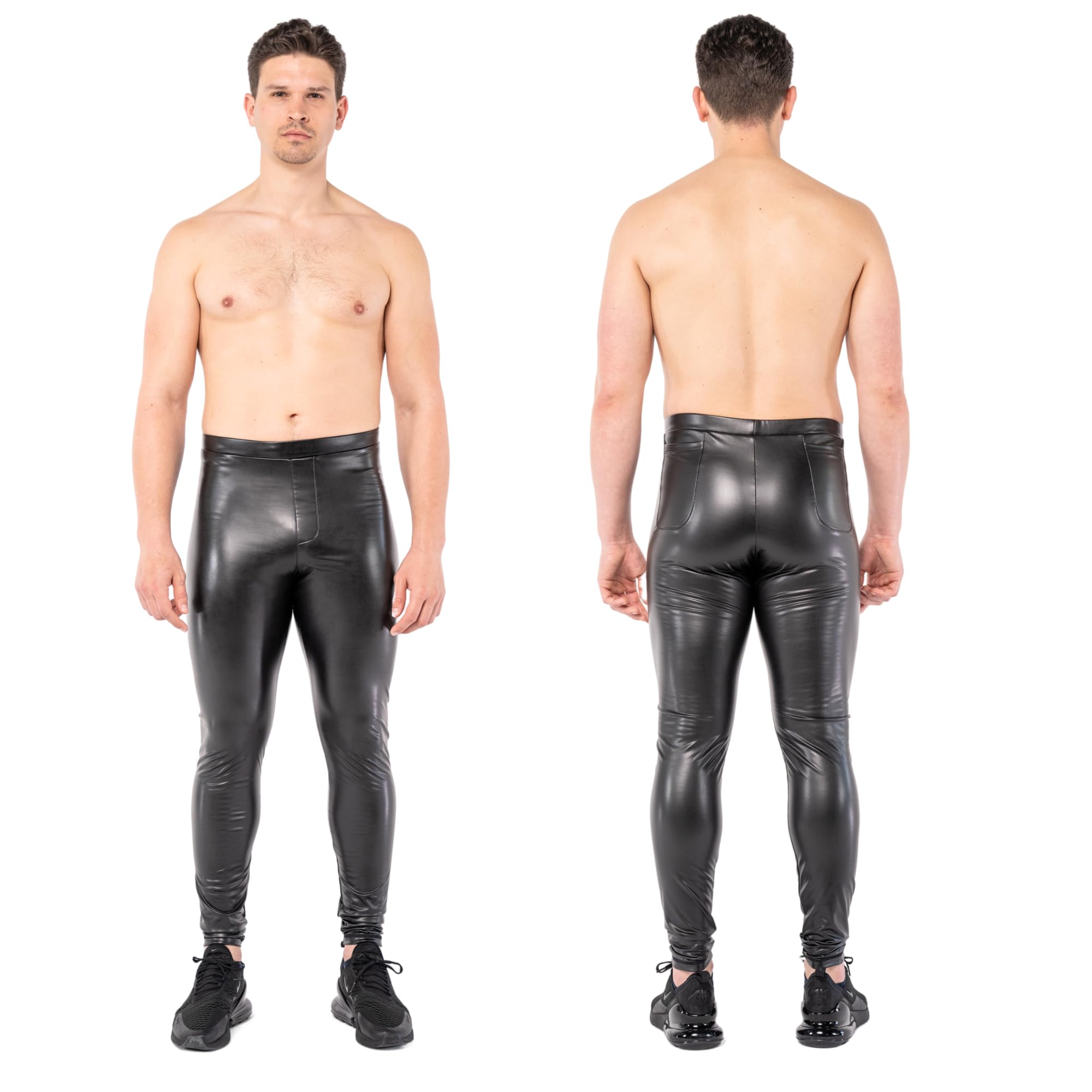 Kapow Meggings Herren-Leggings in Lederoptik, Matte Hose in Veganer Lederoptik mit Taschen und Kordelzug für Festivals und Partys