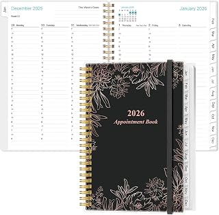 2026 Appointment Book - 2026 Daily Hourly Planner from January 2026 - December 2026,12 Monthly Tabs, Inner Pocket, 6.4" x 8.5", Black Flower