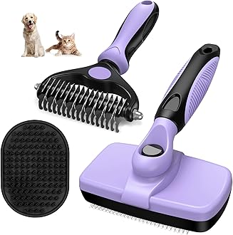 3PCS Dog Brush for Sheding | Self Cleaning Slicker Brush & Pet Grooming Rake | Skin Friendly Deshedding Grooming Tool & Double-Sided Dematting Tool for Dogs and Cats (Light Purple Black)