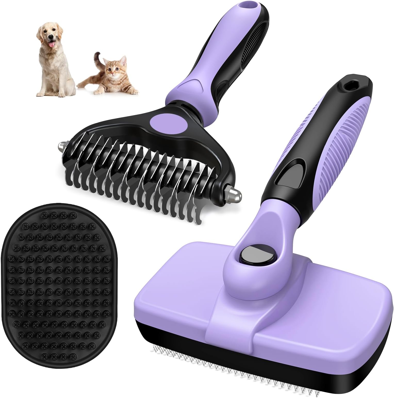 3PCS Dog Brush for Sheding | Self Cleaning Slicker Brush & Pet Grooming Rake | Skin Friendly Deshedding Grooming Tool & Double-Sided Dematting Tool for Dogs and Cats (Light Purple Black)