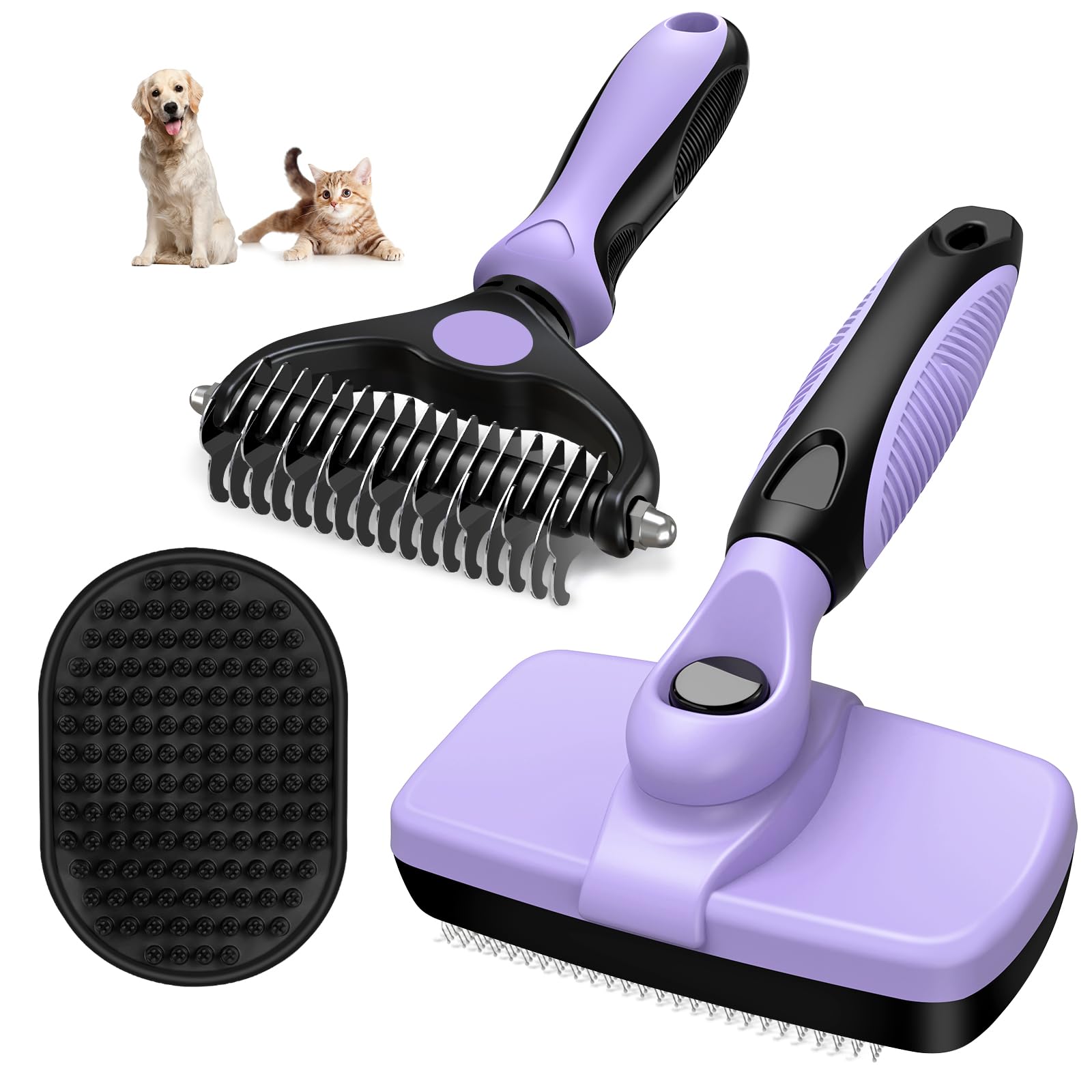 3PCS Self Cleaning Slicker Brush & Pet Grooming Rake & Bath Brush for Dogs,Cats and Horses | Double-Sided Dematting Comb & Skin Friendly Deshedding Grooming Tool | Pet Supplies(Light Purple Black)