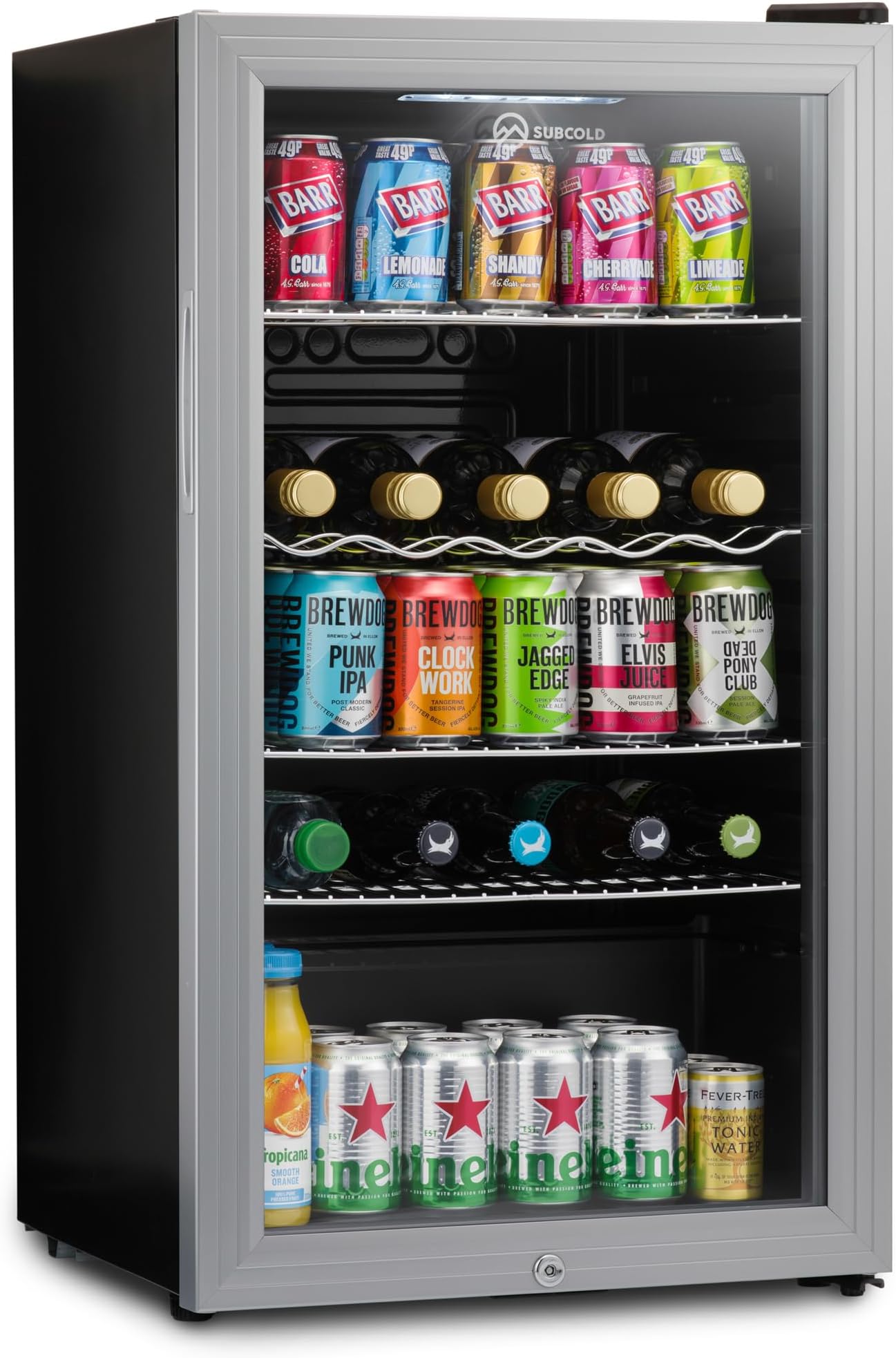 Subcold Super85 LED - Under-Counter Fridge | 85L Beer, Wine & Drinks Fridge | LED Light + Lock and Key | Energy Efficient (Silver, 85L)