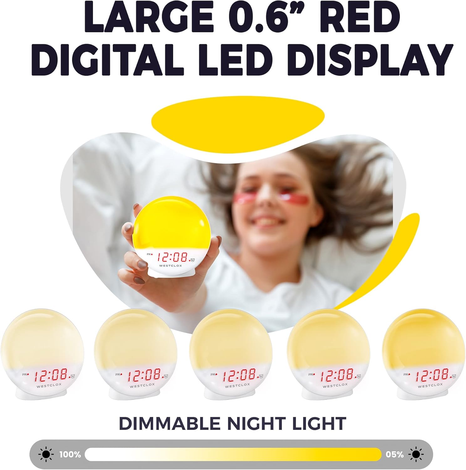Westclox 71051 Sunrise Alarm Clock with dimmable night light feature, showing various brightness levels from 100% to 5% with a sleeping person in the background.