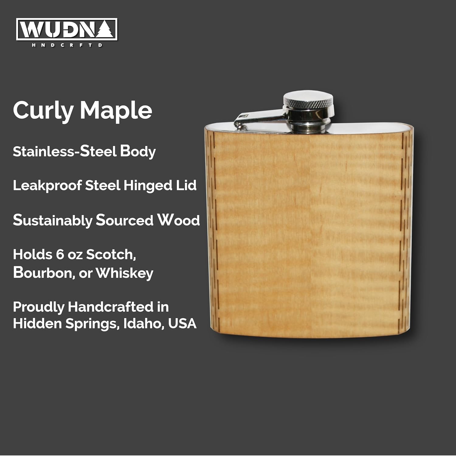 CUSTOM Laser Engraved Wooden Hip Flask - 6 oz. Stainless Steel, with Laser Engraved Name or Text - Custom Engraved Shimmering Maple