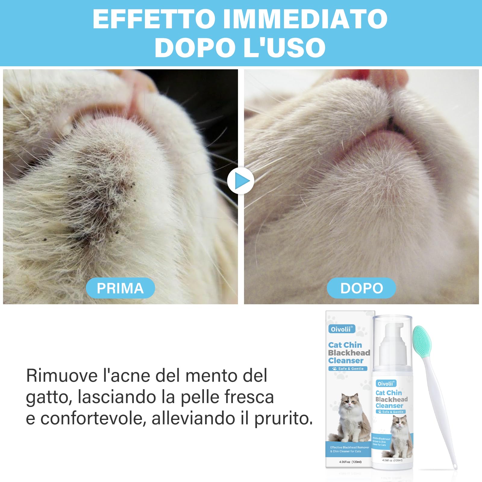 Kit Detergente per Punti Neri del Gatto, 120 ml – Trattamento Delicato ed Efficace per l'acne del Mento con Spazzola in Silicone 2-in-1