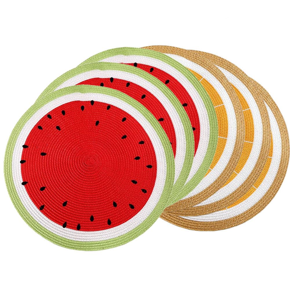 SCF2017 Round Woven Plastic Placemats 38cm Stylish and Practical Dining Table Mats,Set of 6,Watermelon+Lemon
