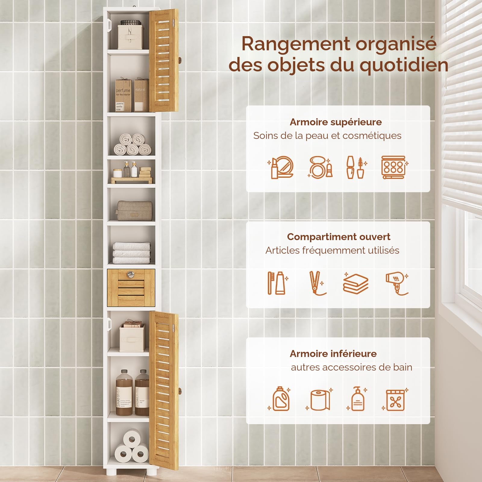 Meuble Colonne Salle de Bain, Meuble de Rangement avec 4 étagères ouvertes, 2 Portes en Bambou,1 Tiroir,Meuble Haut avec Étagères Réglables,Armoire de Toilette pour Salon, Cuisine,22x20x180cm