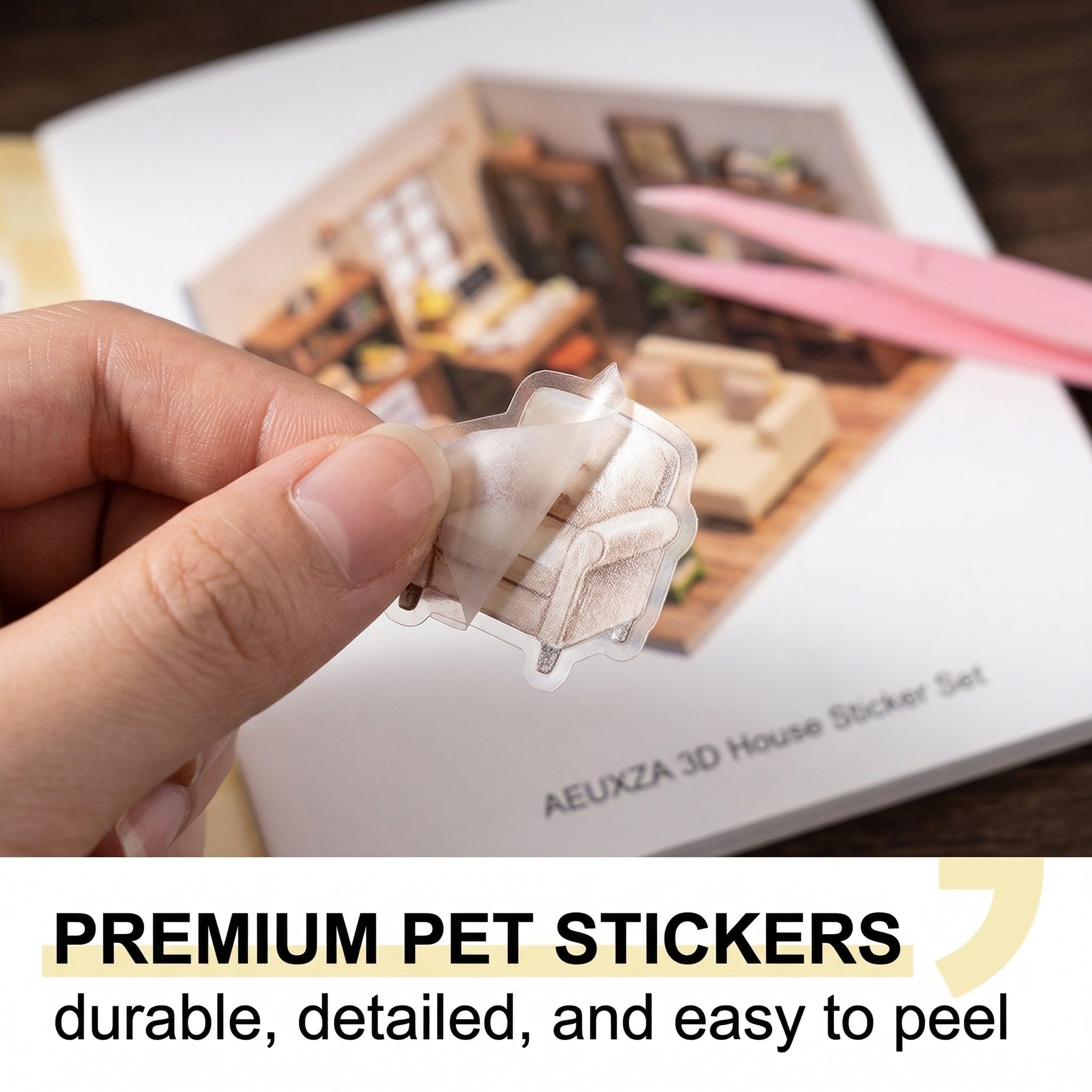 AEUXZA Libro de Pegatinas 3D Casa en Miniatura, Set de 50 Páginas con Escenas de Habitaciones (20 Escenas + 30 Hojas) y 2 Pinzas, Accesorios DIY Scrapbooking para Niños y Adultos — view 3