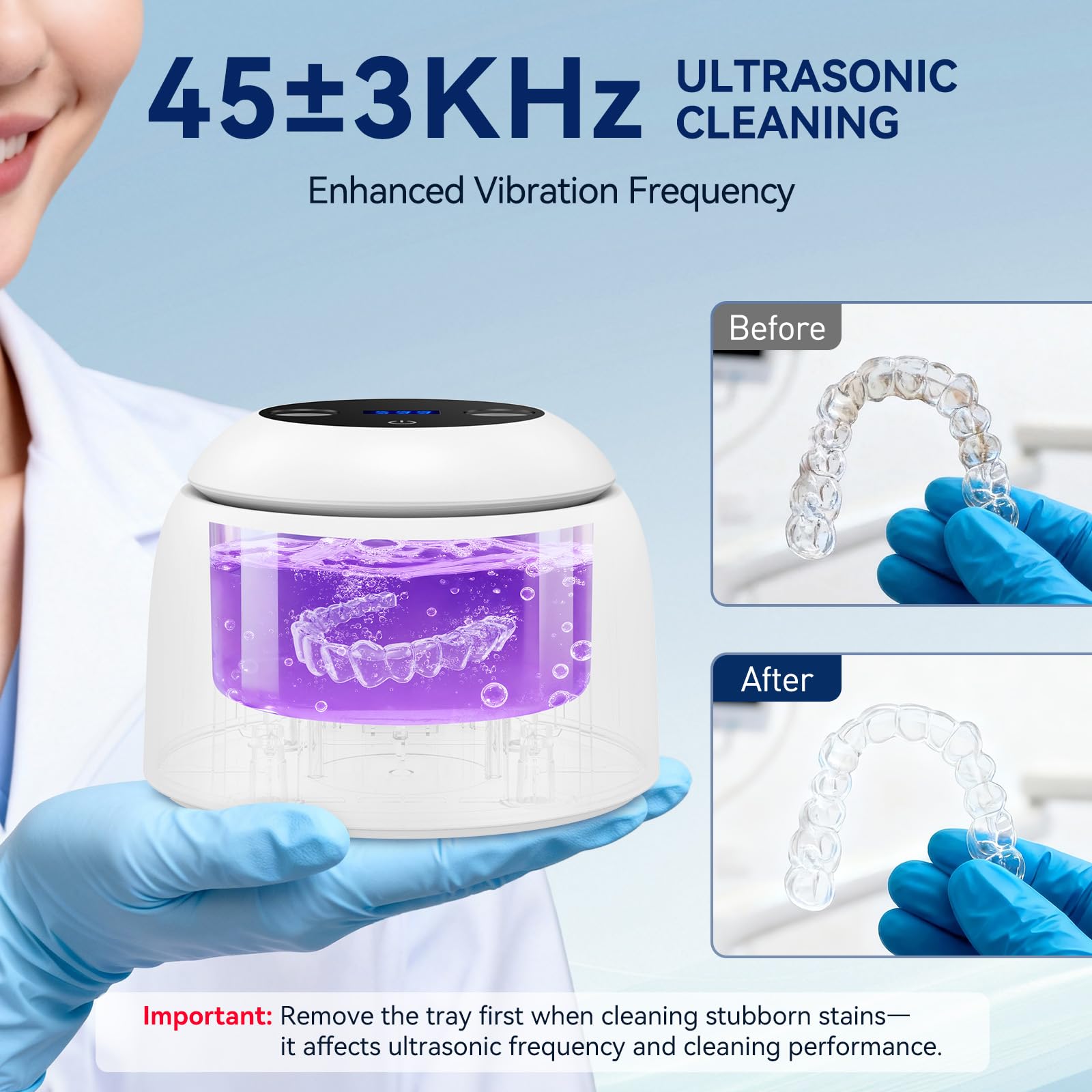 Limpiador ultrasónico de retención, 45 ± 3 kHz, 3 modos con temporizador digital, lámpara UVC+UVA, máquina limpiadora de prótesis, protector bucal, tanque IPX6.200ML SUS304 para alineador, cepillo