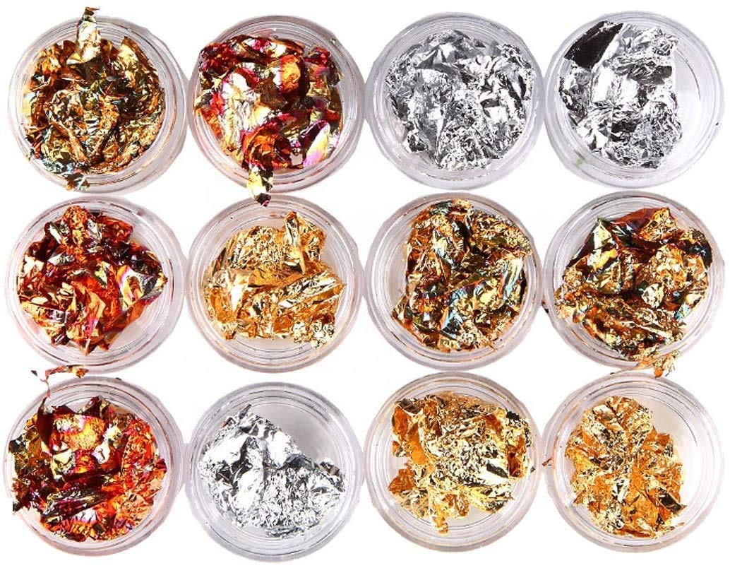 Wedong – Juego de 12 cajas de papel de aluminio para arte de uñas, purpurina dorada y plateada para uñas, para decoración de uñas, bricolaje