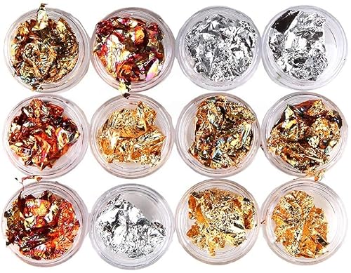 Wedong - Juego de 12 cajas de papel de aluminio para arte de uñas, purpurina dorada y plateada para uñas, para decoración de uñas, bricolaje
