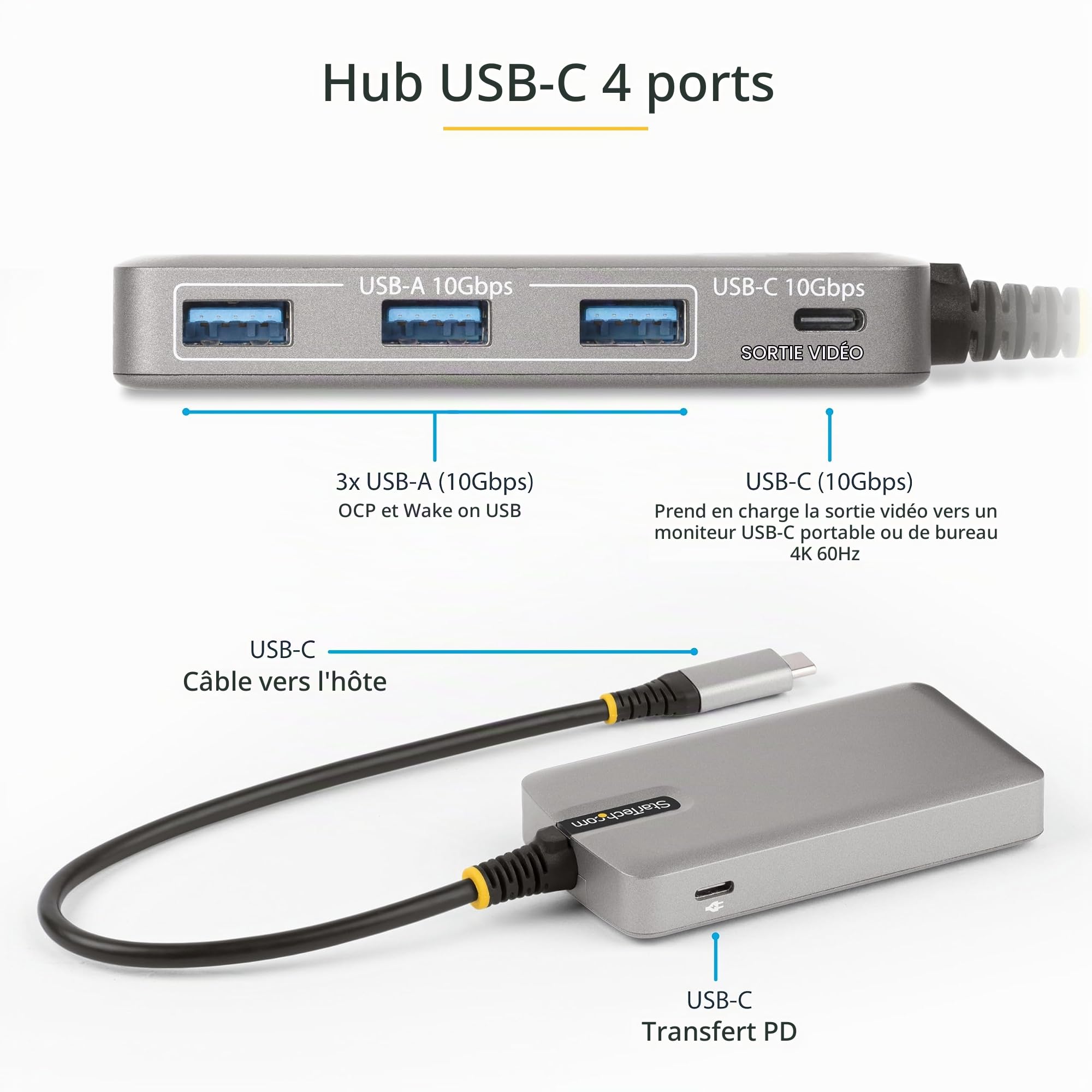 StarTech Hub USB-C 4 Ports, 10Gbps, DP Alt Mode 4K 60Hz, PD 100W | Station d'accueil, dock, 3x USB-A/1x USB-C, Sortie video, Câble 30cm, Portable, Sans pilote