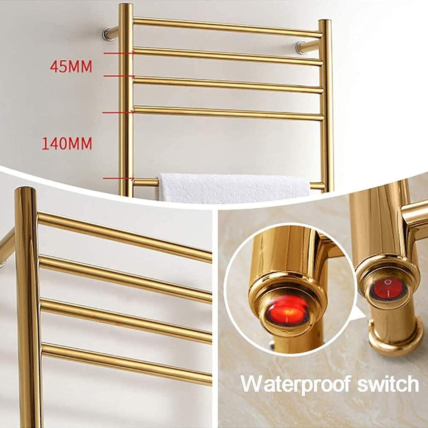 Electric Heated Towel Rail Radiator, Wall Mounted Heated Towel Warmer with 14 Bars, 304 Stainless Steel Gold Towel Rack, Bathroom Accessories Heater Towel Dryer (Plug in)