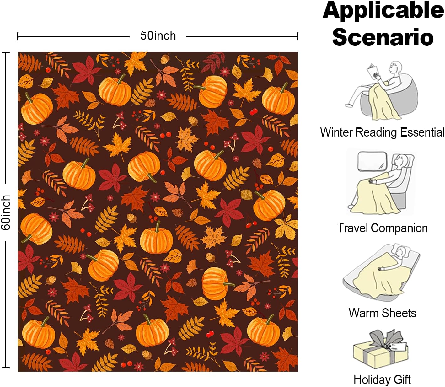 50"x60" Fall Pumpkin Maple Leaf Throw Blanket, Red Brown Soft Flannel Fleece Blanket, Warm Cozy Thanksgiving Harvest Decorative Blanket for Sofa Couch Chair, Fall Home Gift for Family Friends