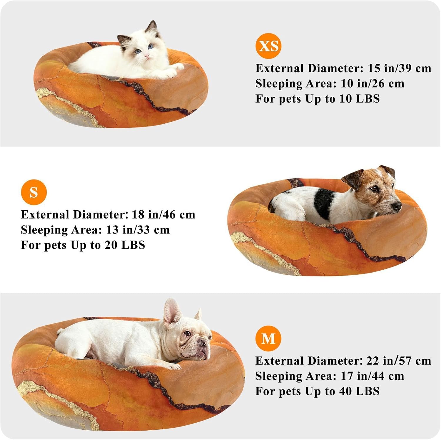 Marble Orange Gold Pet Dog Bed Anxiety Relief Dog Pillow Bed for Small Size Pets Sleeping M