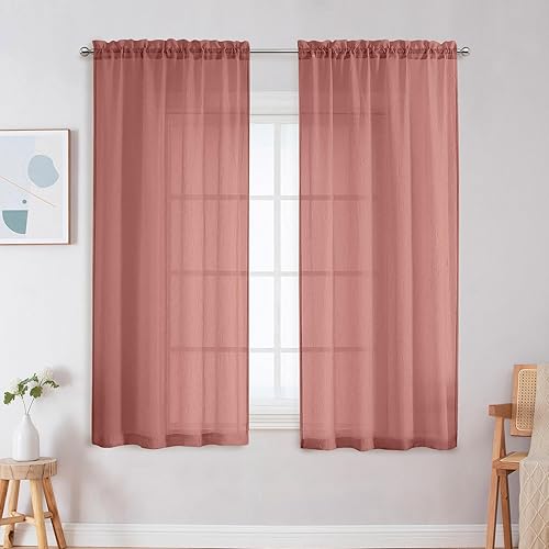 OWENIE 2 paneles de cortinas traslúcidas con textura aplastada de color coral de 63 pulgadas de largo, con bolsillo para cortinero, cortinas