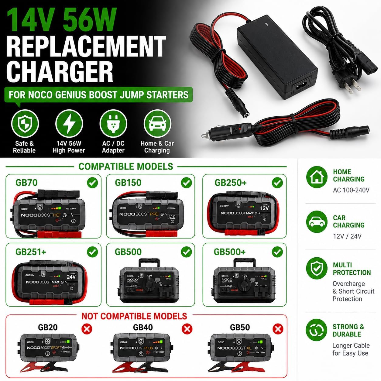 14V 56W Charger Replacement for NOCO Genius Boost Lithium Jump Starter GB70 GB150 GB250+ GB251+ GB500 GB500+, XGC4 XGC Power Supply Adapter with Cigarette Lighter Cable