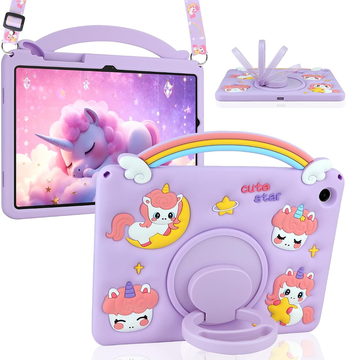 Funda para tableta HianDier para Samsung Galaxy Tab A9 Plus Funda protectora a prueba de golpes giratoria HianDier para Samsung Galaxy Tab A9 Plus Funda protectora a prueba de golpes unicornio para niña para Galaxy A9+ Plus con mango de arco iris y cordón desmontable Funda protectora a prueba de golpes giratoria púrpura