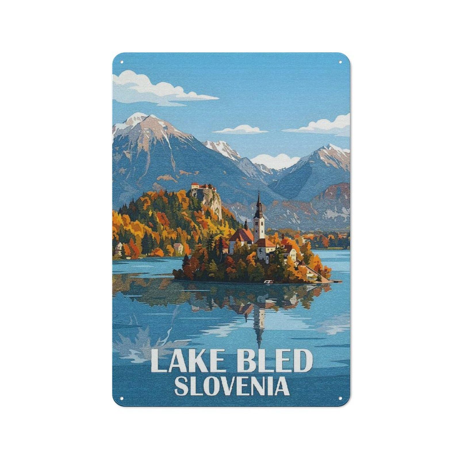 Junmoney Style-23 Classic Lake Bled Slovenia Travel Metal Wall Art Sign 30X20cm, Vintage Wall Decor For Lounge, Study, Pub Or Wall Gallery