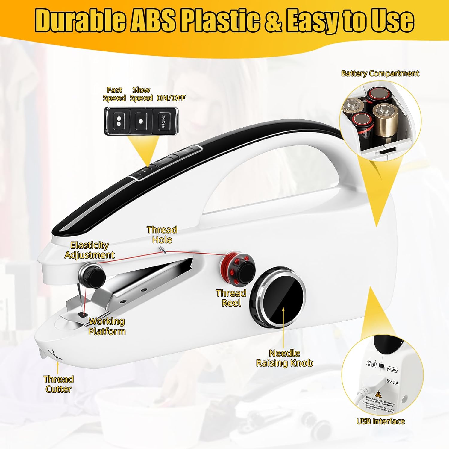 Handheld Sewing Machine: Sewing Machine for Beginners with Two Power Supply Modes,Easy to Use,Quick Stitching,Mini Portable Hand Stitching Machine with Sewing Kits for DIY,Home Travel (White) - Image 4