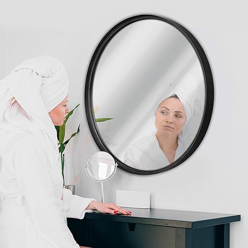 Miniatura 8 de HBCY Creations Espejo redondo grande, espejo de pared negro de 27.5 pulgadas para entrada, baño, sala de estar y más, espejo minimalista moderno