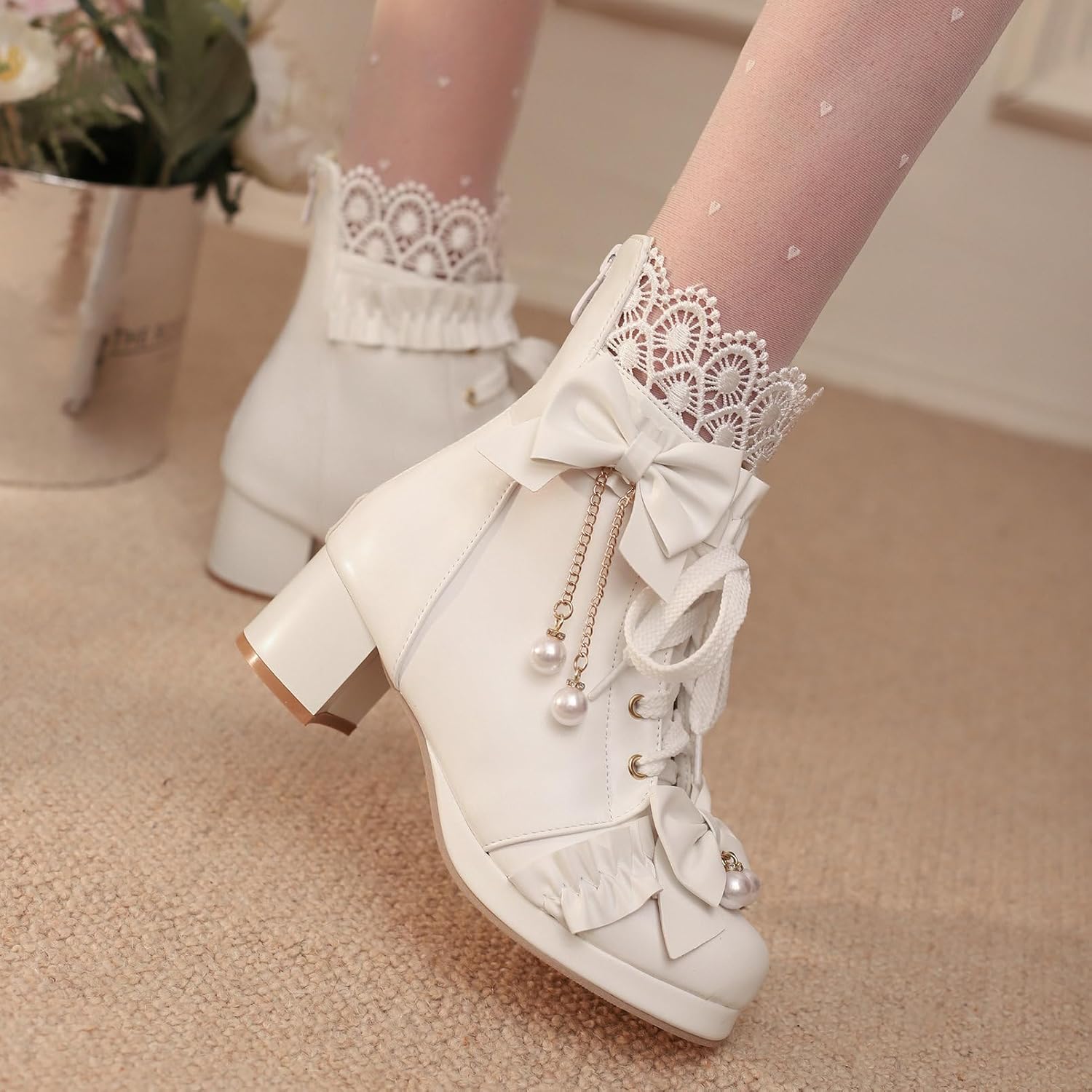 LUXMAX Women Lace Up Ankle Boots with Bow Kawaii Shoes Chunky Mid Heel Japanese Cosplay Shoes Platform Cute Lolita Boots - Image 3
