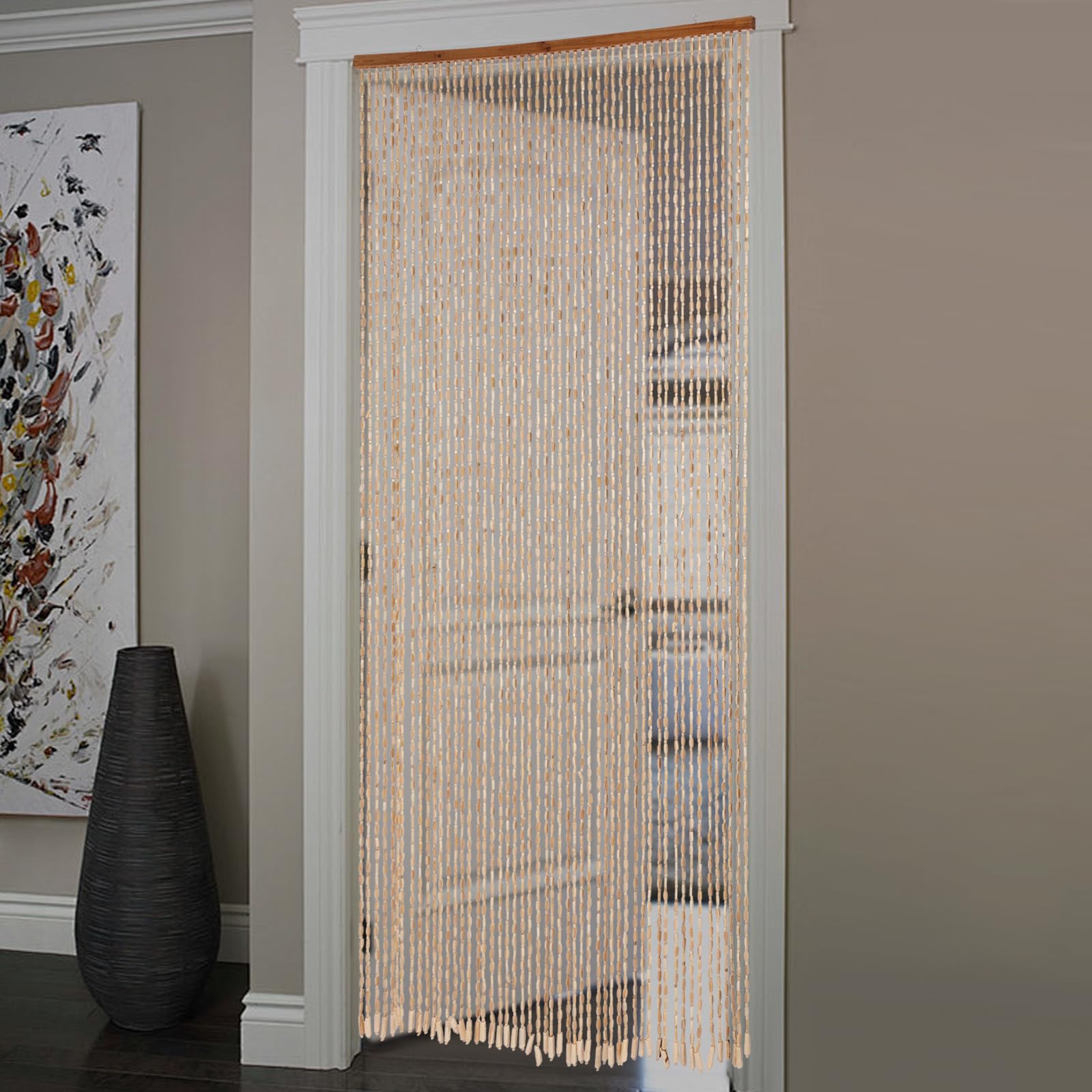 Rideau de porte rétro en perles de bois - 52 lignes - Rideau de porte en perles de bois - Rideau anti-mouches - Rideau de séparation en fil de bambou - 200 x 90 cm