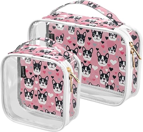Miniatura 2 de Kawaii Boston Dog Black Hearts Clear Toiletry Bag for Traveling,2 Pack Makeup Cosmetic Bag with Zipper,Travel Bag for Toiletries,Travel Essentials