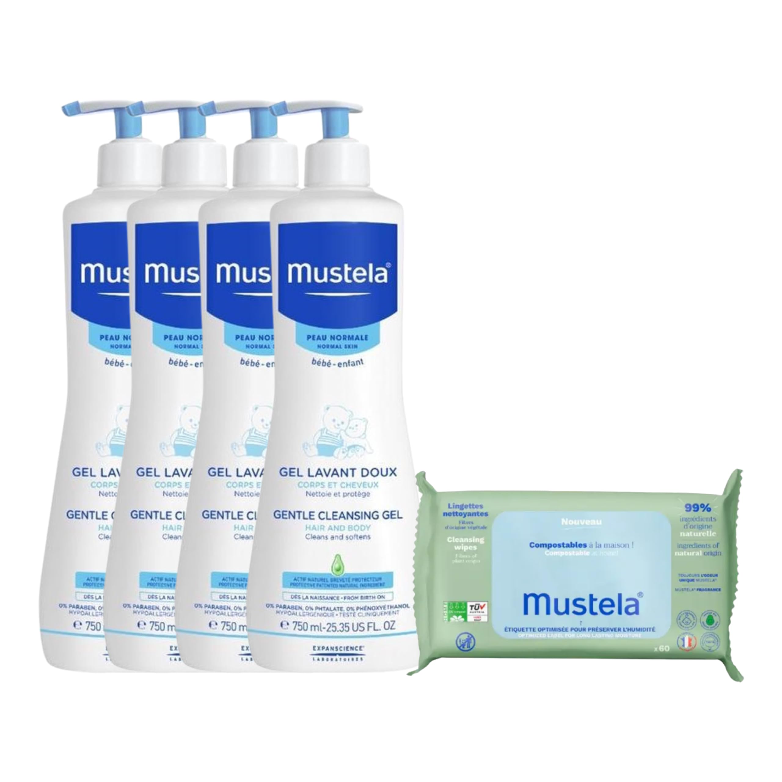 Mustela | Gel Lavant Doux + Lingettes Nettoyantes Bio | Nettoie & Protège | Apase et Compense les Effets Desséchants du Bain | Corps & Cheveux | Enfants & Bébés | BIO | Lot de 4x50mL+1x 60 linguettes